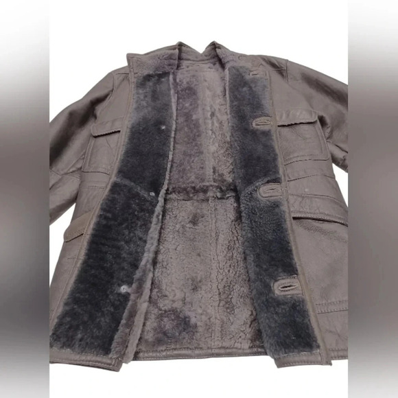 Zaklady Futrzarskie Vintage  Gray Leather Sherpa Lined Coat Size 52 - Picture 10 of 14